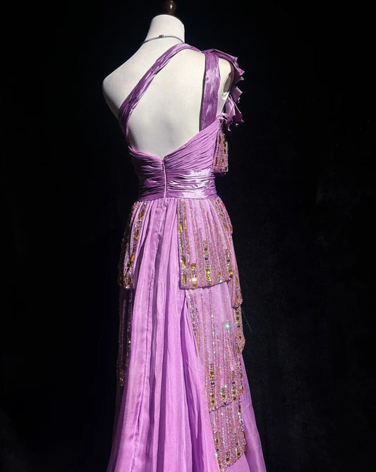 Vintage Prom Dresses Inspo A Line One Shoulder Lilac Chiffon 1990s With Beading Formal Gowns N3324