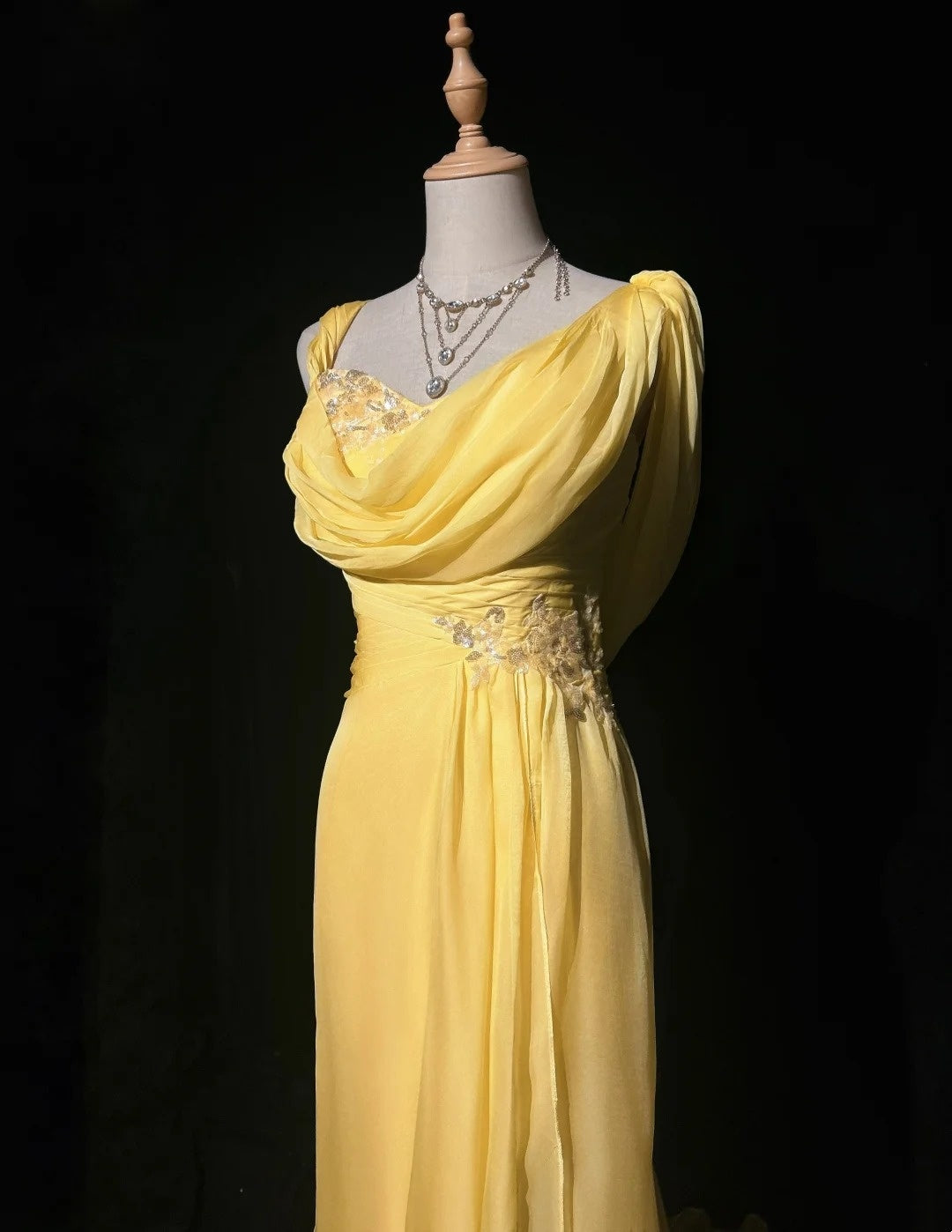 Vintage Prom Dresses Mermaid Yellow Chiffon With Appliqued 80s Long Formal Gown N2733