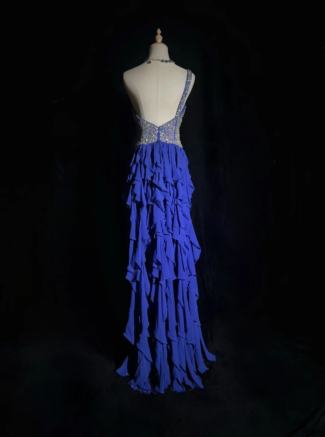 Elegant Prom Dresses A line High Low One Shoulder Royal Blue Chiffon With Beading Sleeveless Long Formal Gown N2881