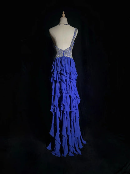 Elegant Prom Dresses A line High Low One Shoulder Royal Blue Chiffon With Beading Sleeveless Long Formal Gown N2881