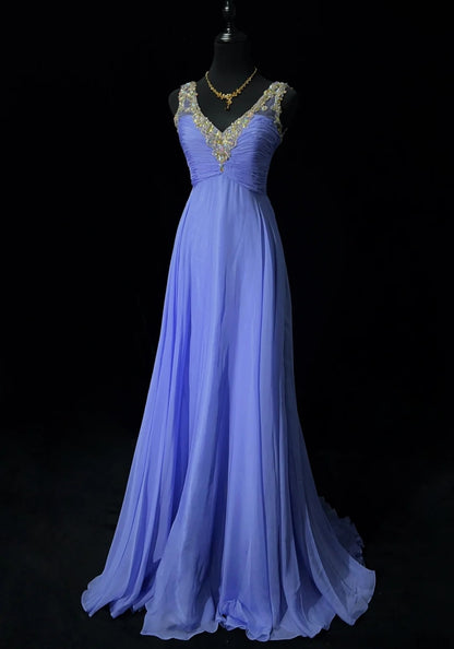 Classy Prom Dresses A line Lavender Chiffon V Neck With Beaded Long Formal Evening Outfits N3705