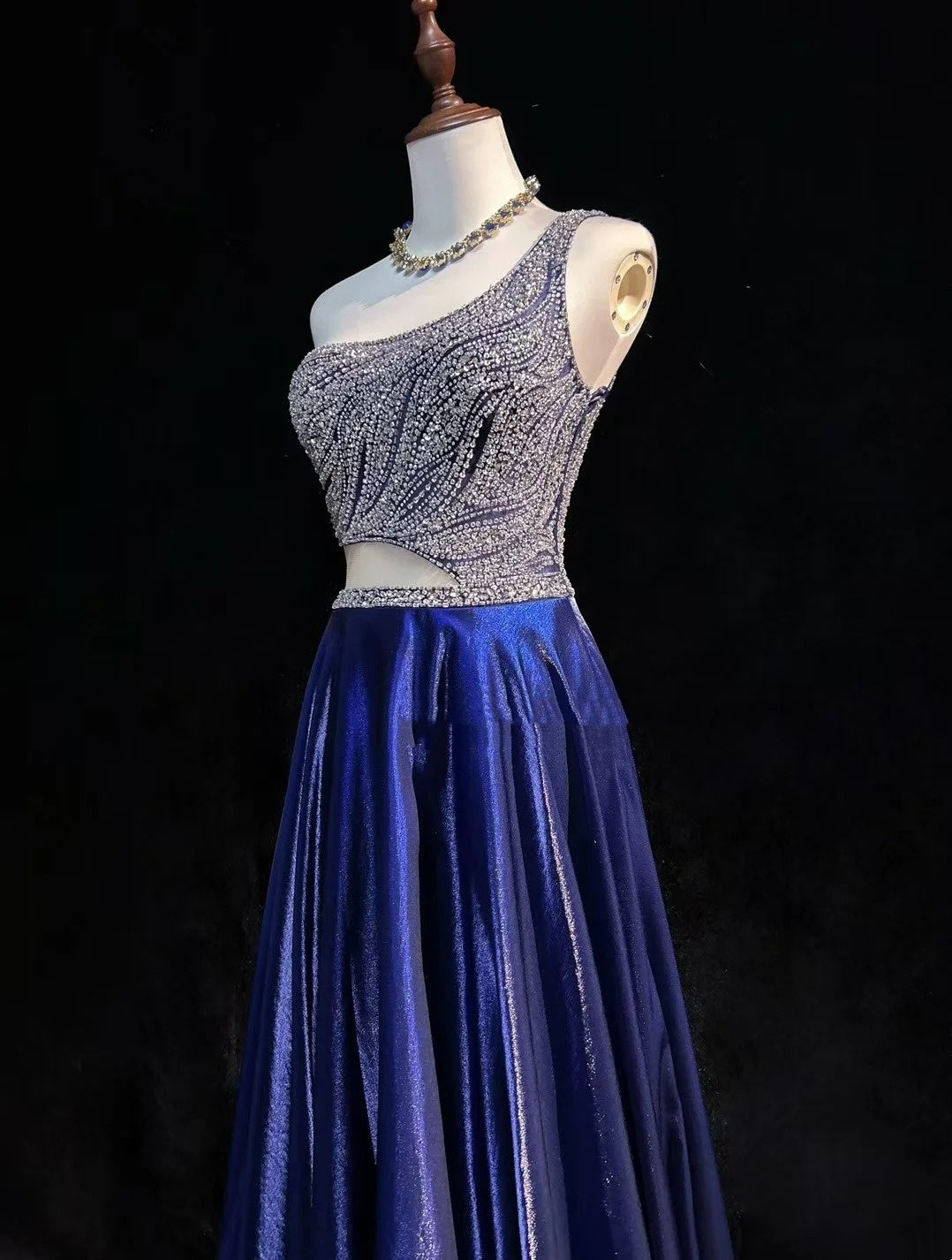 Simple Prom Dresses A line One Shoulder Royal Blue Floor Length Beaded Formal Evening Dress N3688
