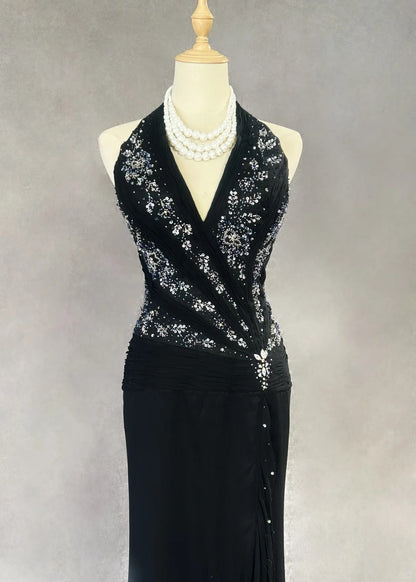Modest Prom Dresses Mermaid Halter Black Tie Chiffon With Beading Formal Evening Dress N3858