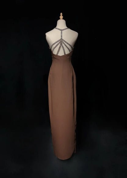 Vintage Prom Dresses A line Spaghetti Strap Brown Chiffon Long 70s Formal Gown N2578