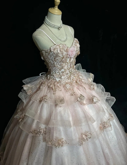Sweet Ball Gown Spaghetti Strap Tulle With Flowers Sweet 16 Dresses Quinceanera Dress Long 15 Vestidos De Fiesta N4219