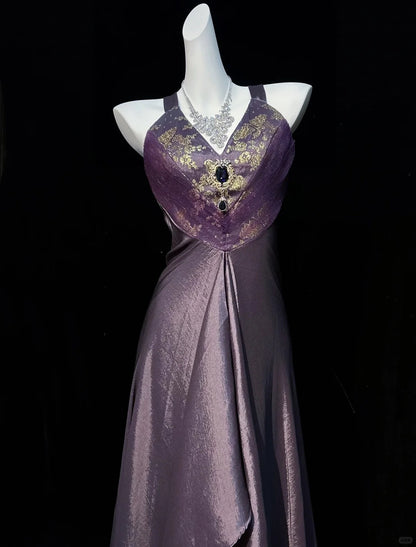 Vintage Prom Dresses 1950s A Line Halter Grape Satin With Gold Lace Sleeveless Evening Formal Outfits RB4332