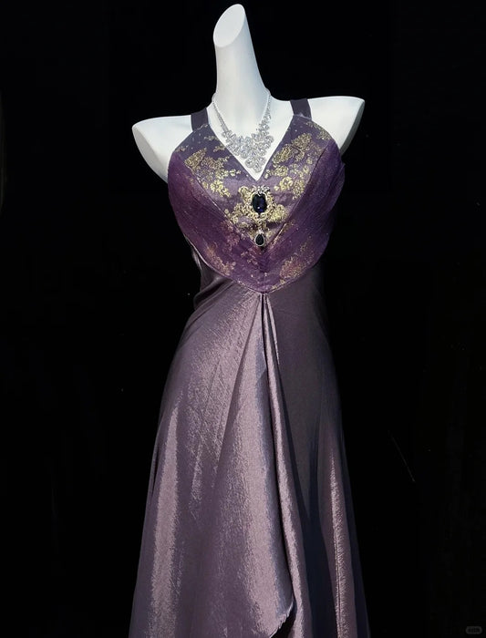 Vintage Prom Dresses 1950s A Line Halter Grape Satin With Gold Lace Sleeveless Evening Formal Outfits RB4332