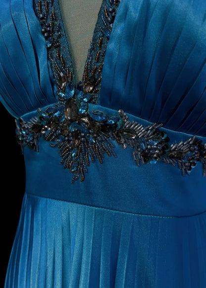 Vintage Prom Dresses Inspo A line Halter Tea Length Blue Satin 80s With Beaded Formal Gowns N3354