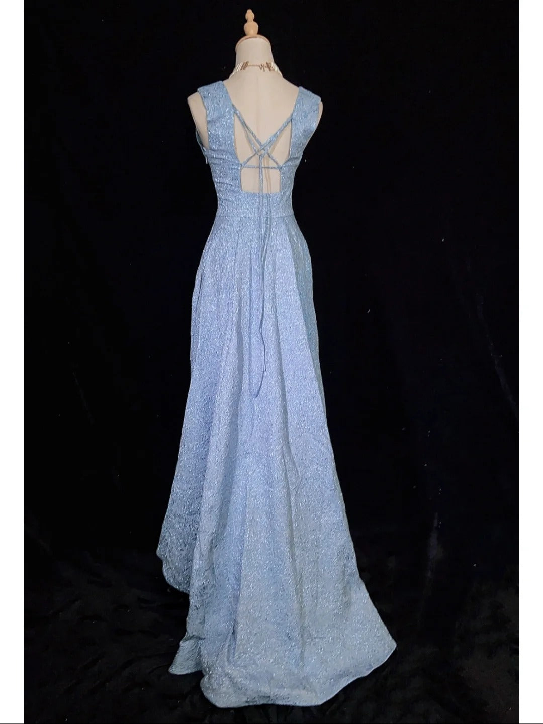 Vintage Classy Prom Dresses High Low Light Blue V Neck Lace Satin With Ruffled Evening Long Dress N3299