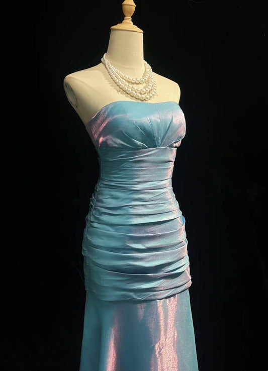 Vintage Prom Dresses Mermaid Strapless Light Sky Blue Mid Length 1990s Formal Evening Gown N2651