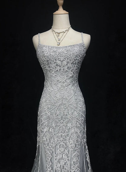 Dreamy 90s Prom Dresses Mermaid Spaghetti Strap Grey With Lace Formal Evening Outfits N3829