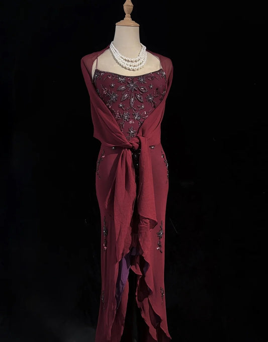 Unique Prom Dresses High Low Spaghetti Strap Burgundy Sleeveless With Beading Semi Formal Evening Dress N3794
