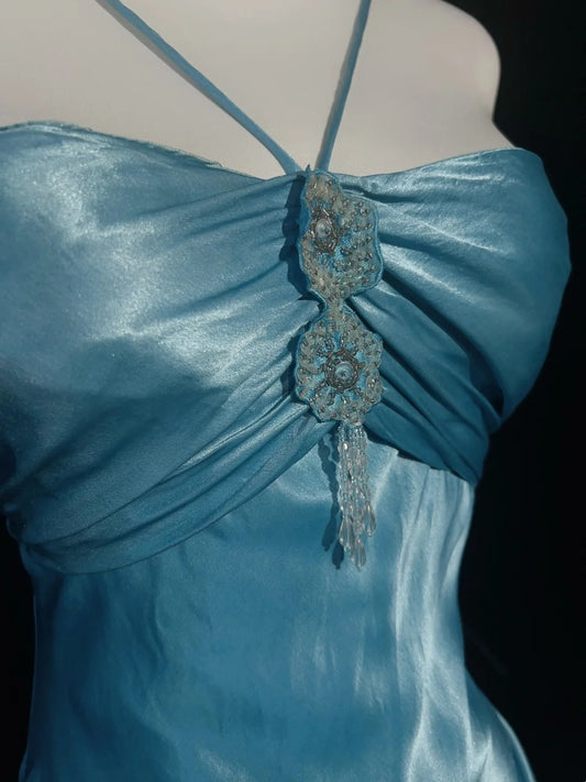 Modest Prom Dresses Mermaid Halter Blue Satin Sleeveless With Ruffled Formal Evening Dress N3828