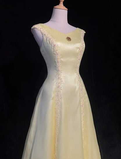 Vintage Prom Dresses 1950s Retro Classy A line Scoop Yellow Satin Evening Outfits With Scarf N3011