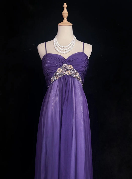 Vintage Prom Dresses 1960s A line Spaghetti Strap Grape Tulle With Flowers Sleeveless Prom Dresses Evening Formal Outfits RB5133