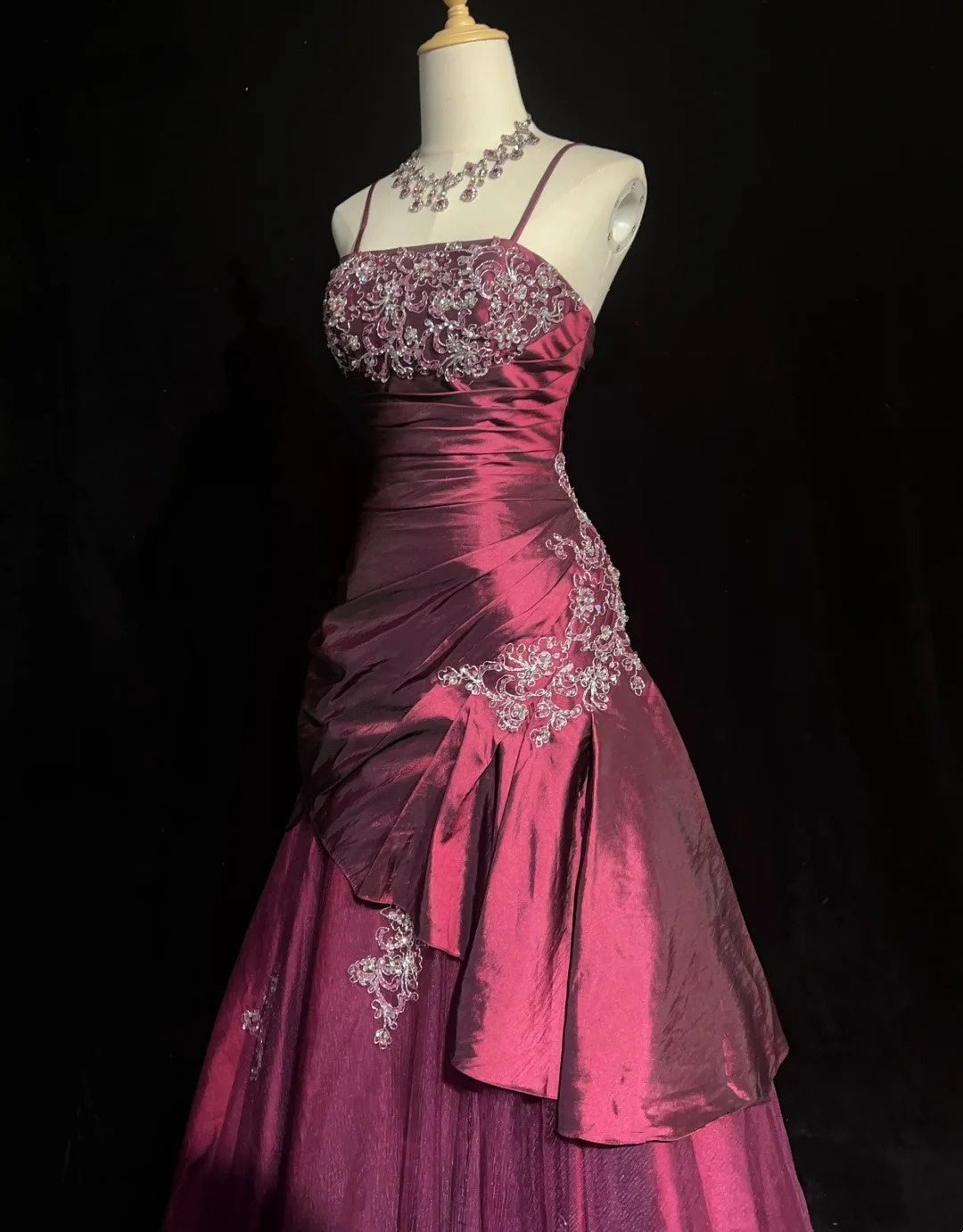 Vintage Prom Dresses Ball Gown Spaghetti Strap Fuchsia Sleeveless Taffeta 90s Long Formal Gown N2878