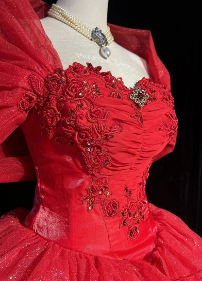 Princess Lace Strapless Red Sweet 16 Dress Ball Gown Formal Party Outfits Sweet Sixteen Dress RC0081