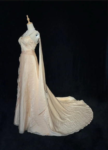 Vintage Prom Dresses A line Spaghetti Strap Champagne With Long Sleeves 90s Evening Gown N3001