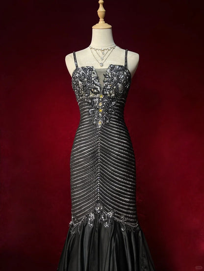 Black Prom Dress Inspo Mermaid Spaghetti Straps Satin With Beading Long Formal Party Gown RC0092