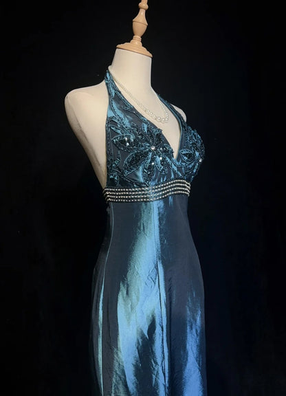 Vintage Prom Dresses Mermaid Halter V Neck Navy Blue Backless 1990s Long Formal Evening Gown N2642