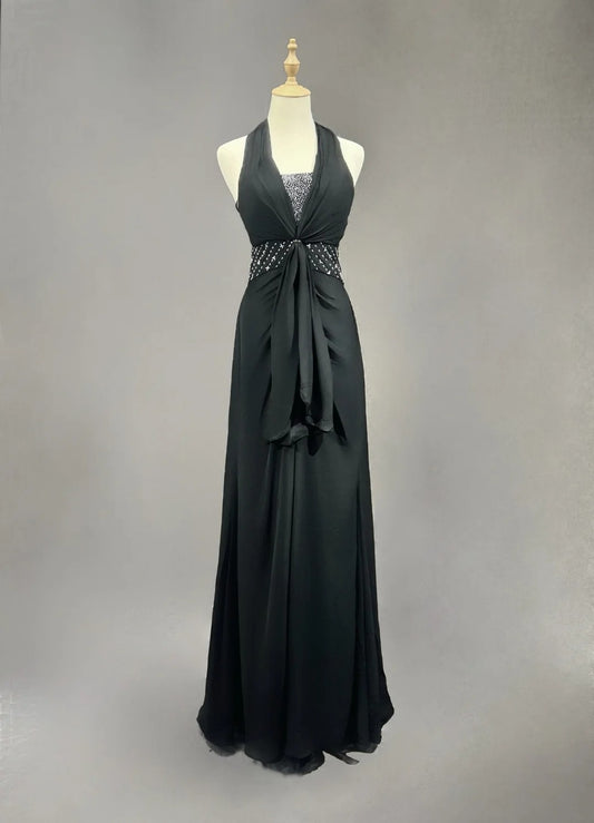 Vintage Prom Dresses A line Halter Black Chiffon With Beading 1970s Long Formal Gown N2619