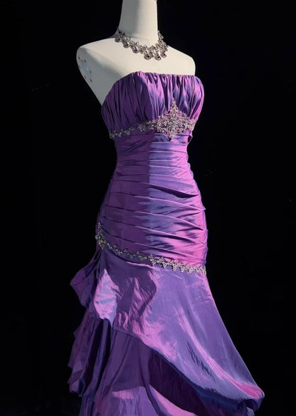 Vintage Prom Dresses Mermaid Strapless Taffeta Purple With Beading 1980s Long Formal Gown N2625