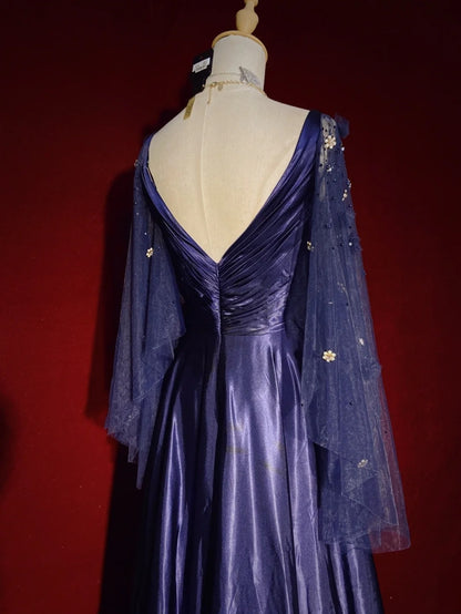 Vintage Prom Dresses Inspo A Line Empire V Neck Navy Blue Satin 90s With Sleeves Formal Gowns N3314