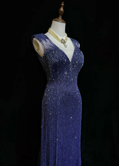 Vintage Prom Dresses Mermaid V Neck Royal Blue 90s With Backless Beading Long Formal Party Dress N2505