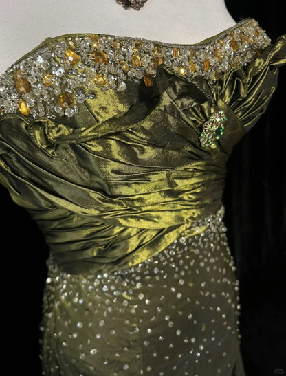 Vintage 90s Prom Dresses Mermaid Sweetheart Olive Green Taffeta With Beads Long Prom Gown N3026