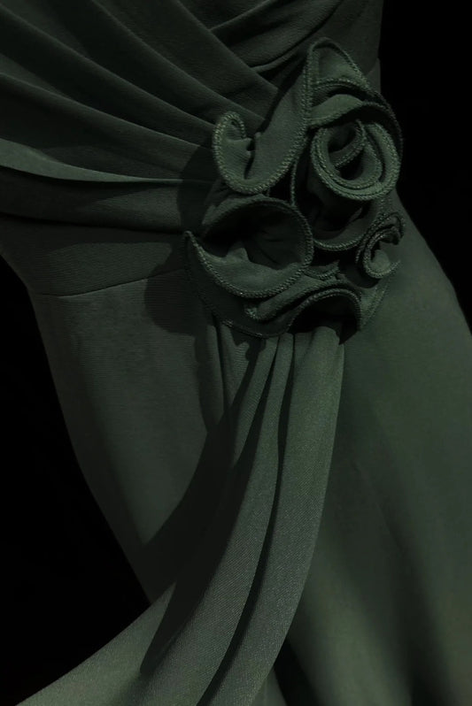 Simple Prom Dresses A line V Neck Dark Green Chiffon Floor Length Ruffled Formal Evening Dress N3686