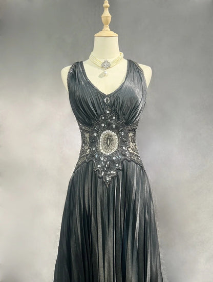 Vintage Prom Dresses A line V Neck Black Tie Dress Beaded 90s Long Formal Evening Gown N2652
