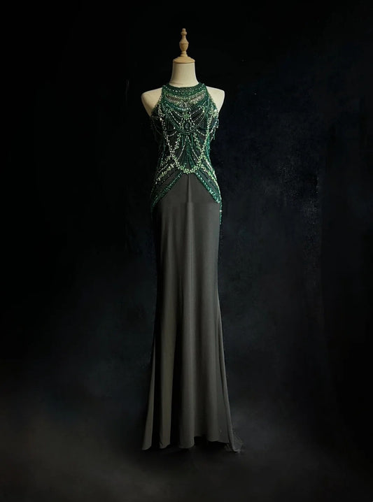 Vintage Prom Dresses Mermaid Scoop With Sparkle Beaded Backless Black 80s Evening Formal Dress RB3270