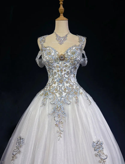 Princess Lace Straps White Appliques Sweet 16 Dress Ball Gown Formal Party Outfits Sweet Sixteen Dress RC0088