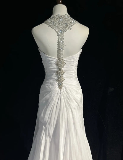 Timeless Wedding Dresses Mermaid Halter Chiffon White Satin With Beaded Long Brides Gown N3474