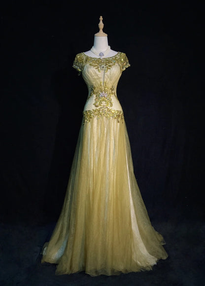 Vintage Prom Dresses 90s Mermaid Jewel Neck Gold Tulle With Beading Long Semi Formal Evening Dress N3674