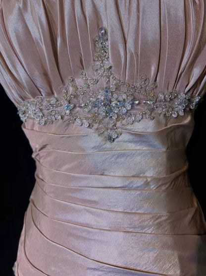 Vintage Prom Dresses Mermaid Spaghetti Strap Taffeta Light Pink With Silver Beads 1950s Long Formal Gown N2597