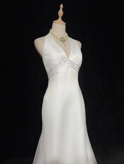 Vintage 20s Wedding Dresses Mermaid Halter White Plain Summer Garden Long Bridal Gown N3702