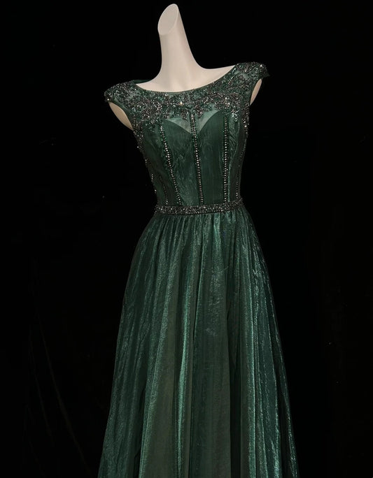 Vintage Prom Dresses A line Scoop Emerald Green Satin Long 2000s Party Evening Formal Gown RC1142