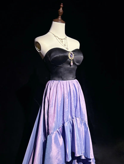 Vintage Prom Dresses High Low Strapless Lilac Black Satin 1990s Formal Evening Gown N2653
