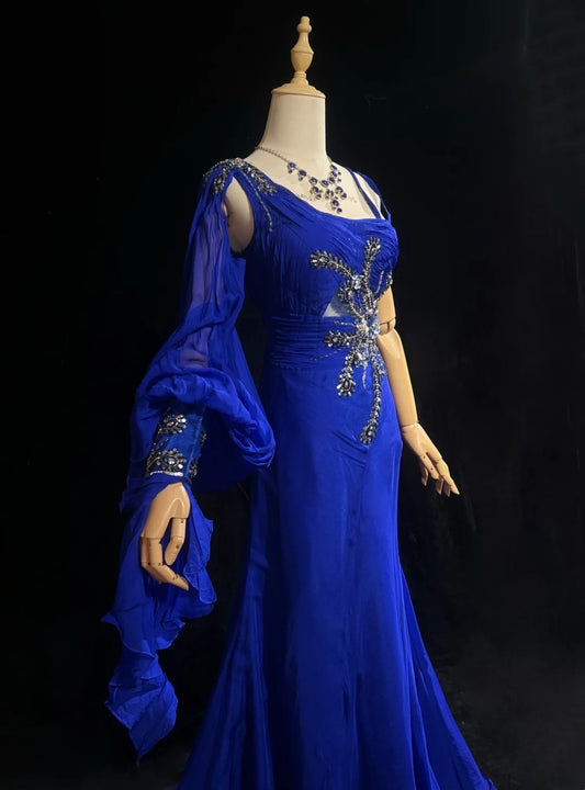 Vintage Prom Dresses Inspo Mermaid One Shoulder Royal Blue With Long Sleeve Beads 80s Long Formal Gown N2740