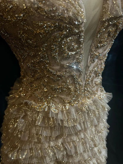Vintage Prom Dresses A line Spaghetti Strap Gold Lace With Sleeves 80s Evening Formal Dress RB3268
