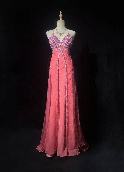 Coral Prom Dress Inspo A Line Spaghetti Straps Chiffon With Beading Long Formal Party Gown RC0091