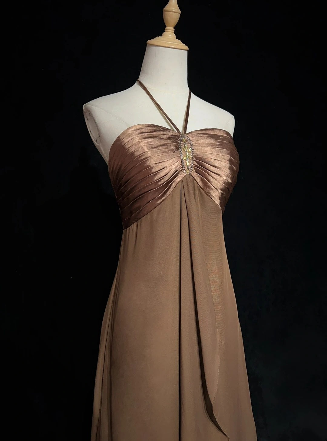Vintage Prom Dresses A Line Halter Brown Sleeveless Chiffon 80s Long Formal Gown N2759