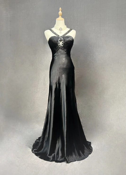 Vintage Prom Dresses Mermaid Halter 90s Satin With Beading Long Black Tie Formal Party Dress N2504