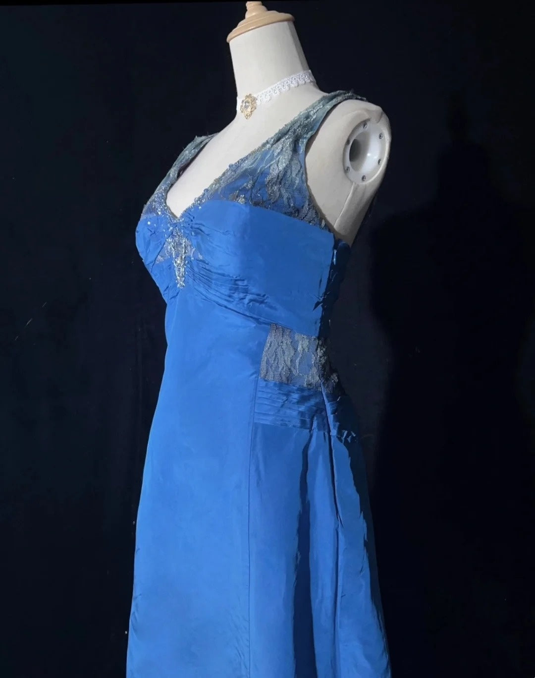 Vintage Prom Dresses A Line V Neck Blue Satin Lace 1990s Long Formal Evening Gown N2644