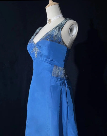 Vintage Prom Dresses A Line V Neck Blue Satin Lace 1990s Long Formal Evening Gown N2644