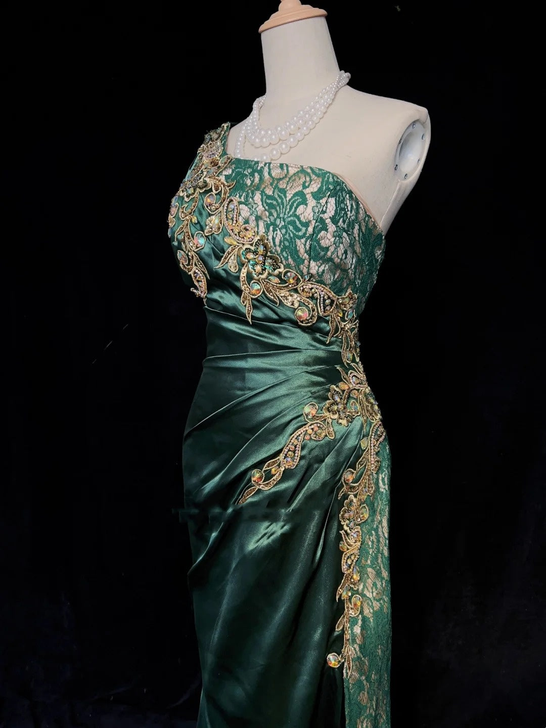 Vintage Prom Dresses Inspo Mermaid One Shoulder Dark Emerald Green 1990s With Gold Lace Formal Gowns N3320