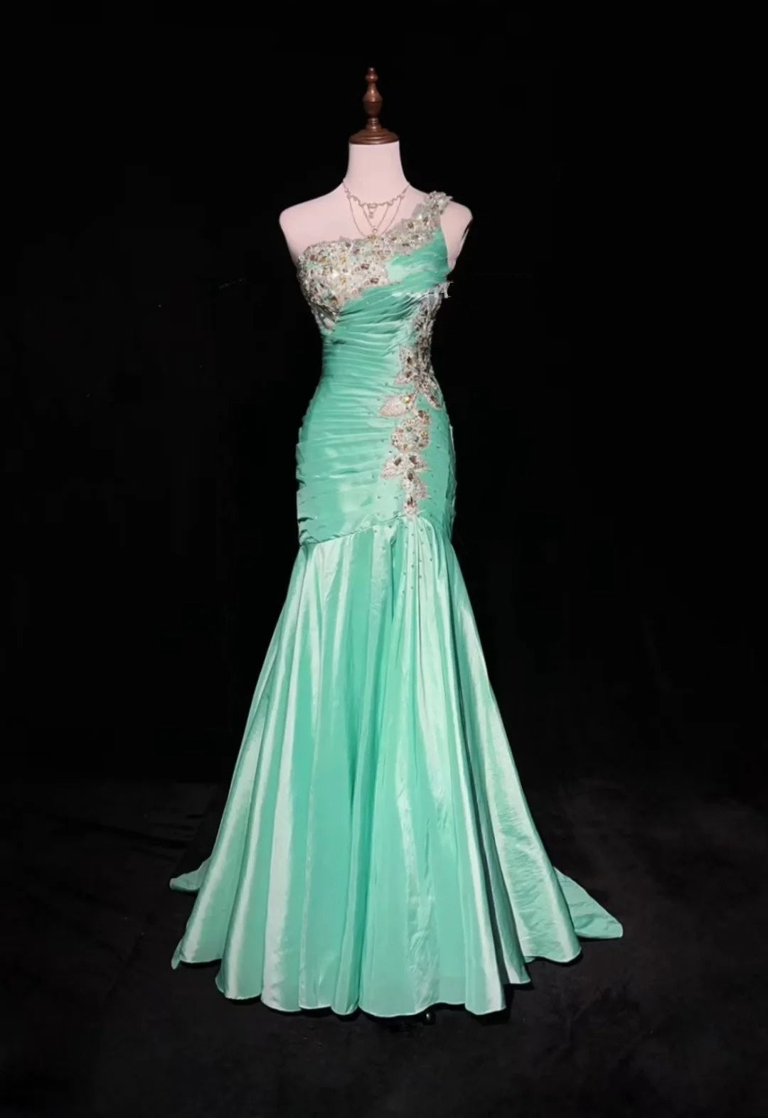 Vintage Prom Dresses Mermaid One Shoulder Mint Green With Lace Beading Cape Long Formal Dress N2463