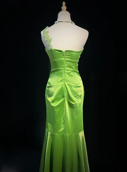 Vintage Prom Dresses Mermaid One Shoulder Light Green Satin With Beading Long Formal Dress N2450