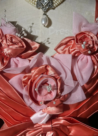 Princess Satin Spaghetti Straps Pink With Flowers Sweet 16 Dress Ball Gown Formal Party Sweet Sixteen Dress RC0098
